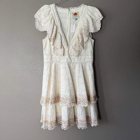 Farm Rio Eyelet Patch Multi-Color Beaded Tiered Deep-V Off-White Mini Dress M - Picture 1 of 14